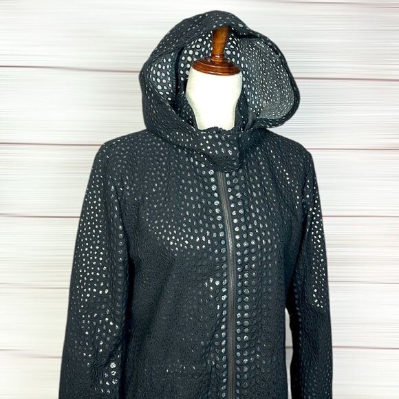 ZAC POSEN Women's Black Hooded Perforated Trench Coat Zip Front size L - Picture 2 of 15